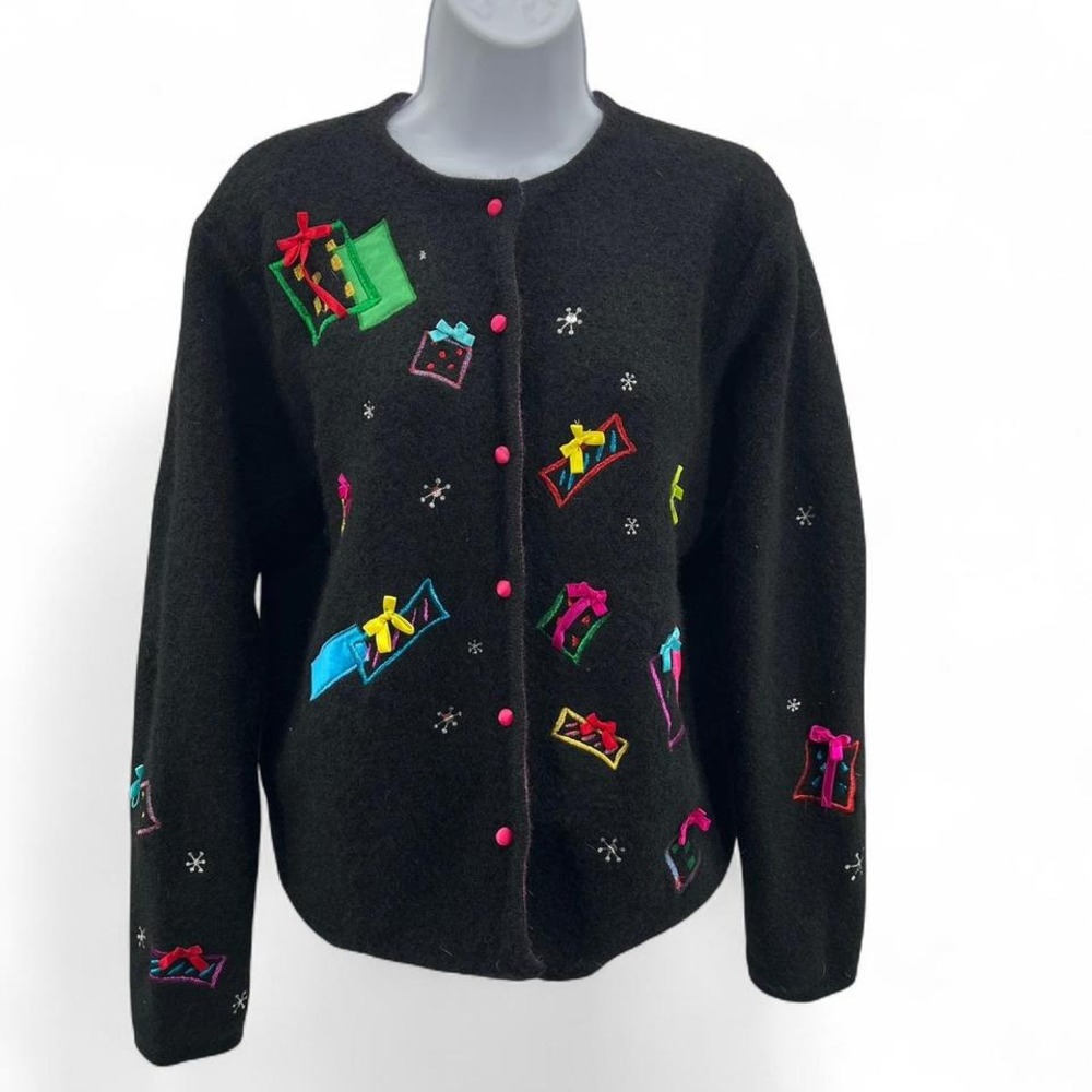 Karen Scott Wool Christmas Gift Embroidered Cardigan Sweater Black | Women's M